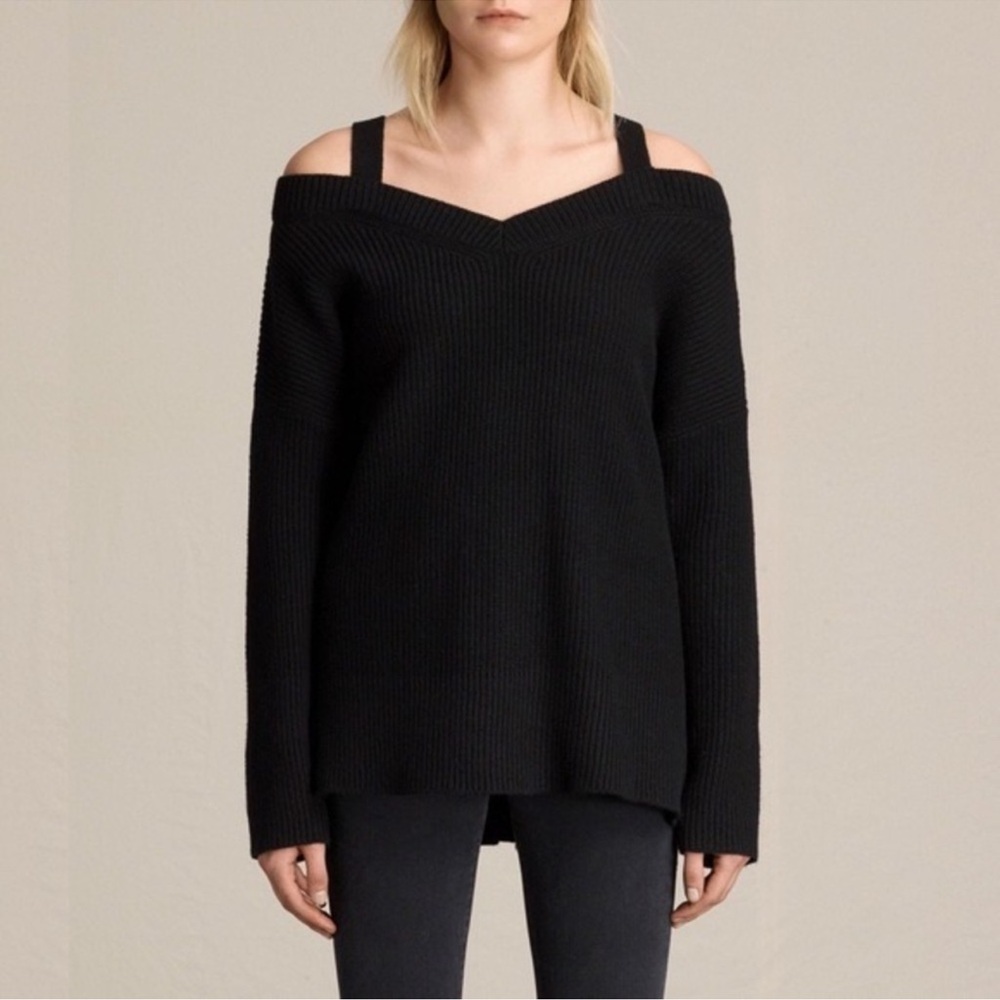 ALL SAINTS Dasha Cold-Shoulder V-Neck Sweater Ribbed Knit Black